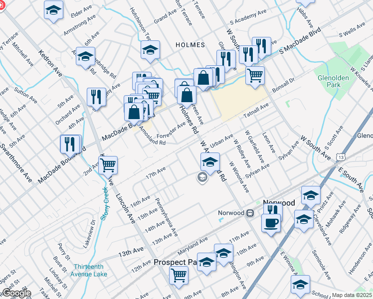 map of restaurants, bars, coffee shops, grocery stores, and more near 1646 Norwood Avenue in Prospect Park