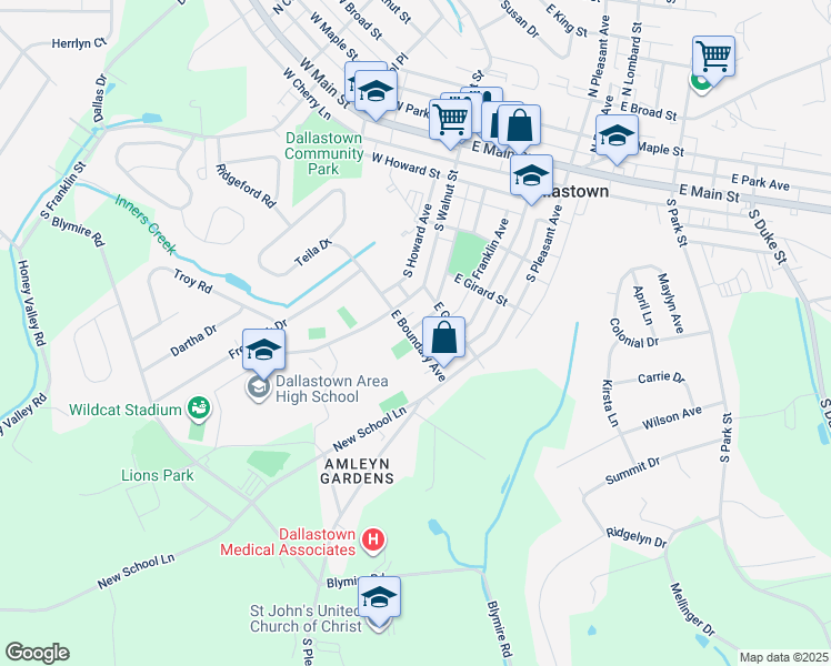 map of restaurants, bars, coffee shops, grocery stores, and more near 51 East Boundary Avenue in Dallastown