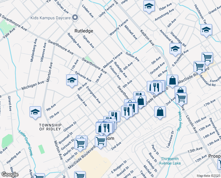 map of restaurants, bars, coffee shops, grocery stores, and more near 517 Ridley Avenue in Folsom