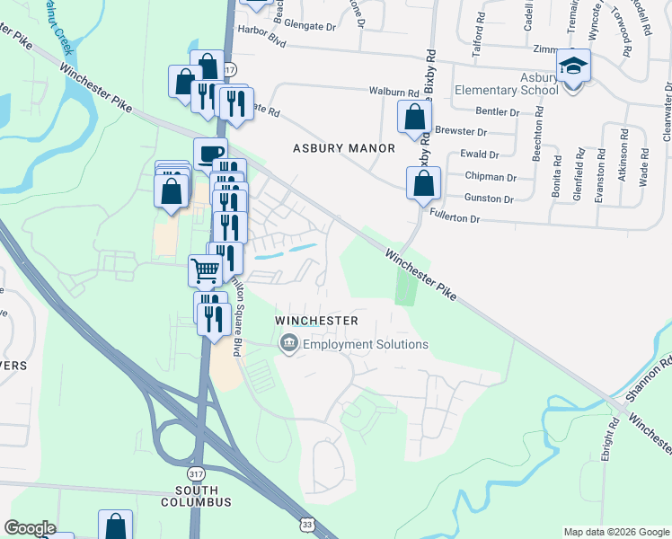 map of restaurants, bars, coffee shops, grocery stores, and more near 3890 Crestfield Drive in Groveport