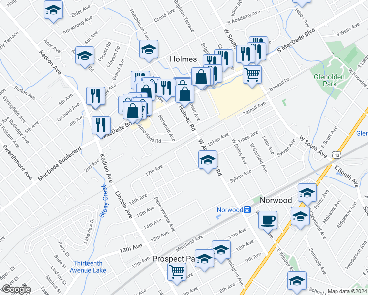 map of restaurants, bars, coffee shops, grocery stores, and more near 1646 Norwood Avenue in Prospect Park