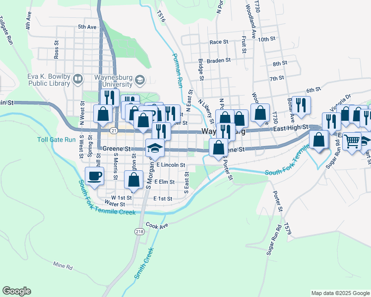 map of restaurants, bars, coffee shops, grocery stores, and more near 295 U.S. 19 in Waynesburg