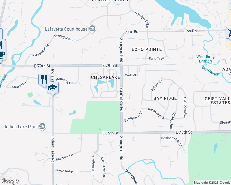 map of restaurants, bars, coffee shops, grocery stores, and more near 10757 Chesapeake Drive South in Indianapolis