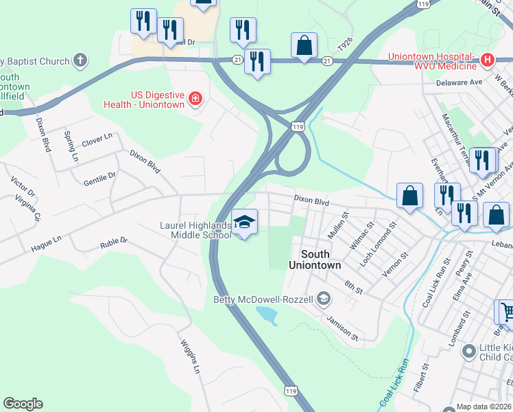 map of restaurants, bars, coffee shops, grocery stores, and more near 22 Woodlawn Avenue in Uniontown