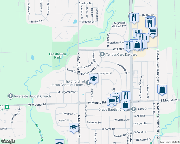 map of restaurants, bars, coffee shops, grocery stores, and more near 4000 Buckingham Drive in Decatur