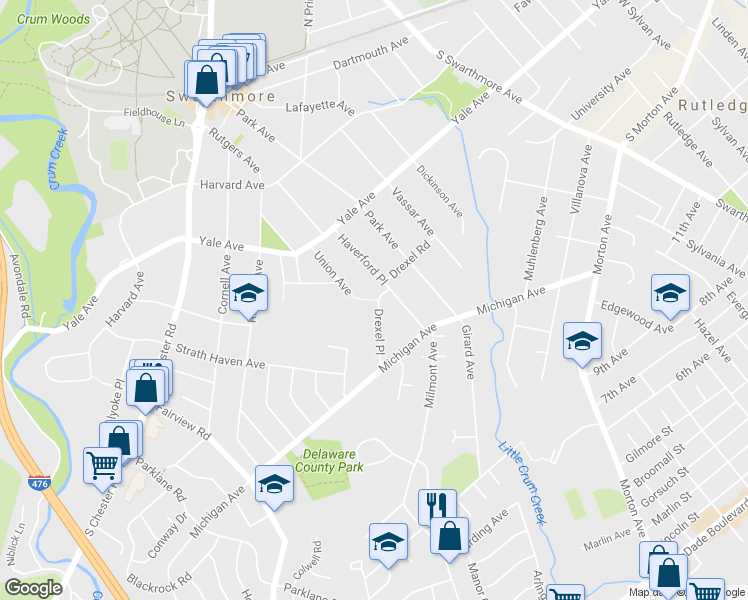 map of restaurants, bars, coffee shops, grocery stores, and more near 406 Drexel Place in Swarthmore