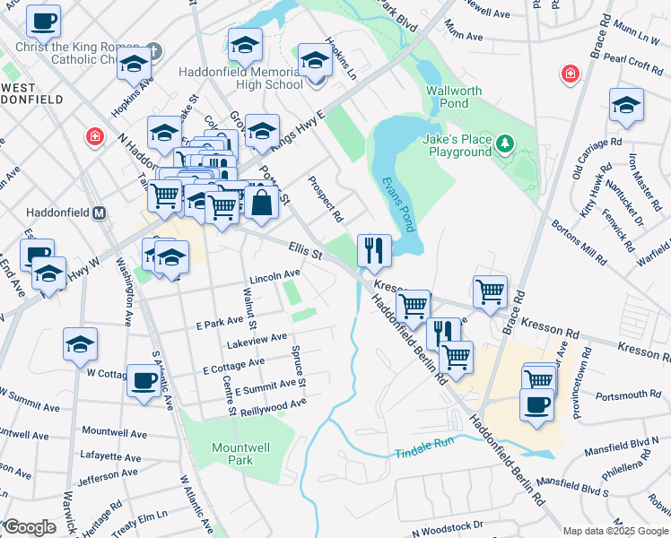 map of restaurants, bars, coffee shops, grocery stores, and more near 218 Ellis Street in Haddonfield