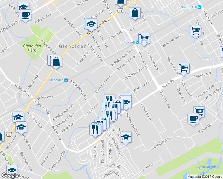 map of restaurants, bars, coffee shops, grocery stores, and more near 1837 Shallcross Avenue in Folcroft