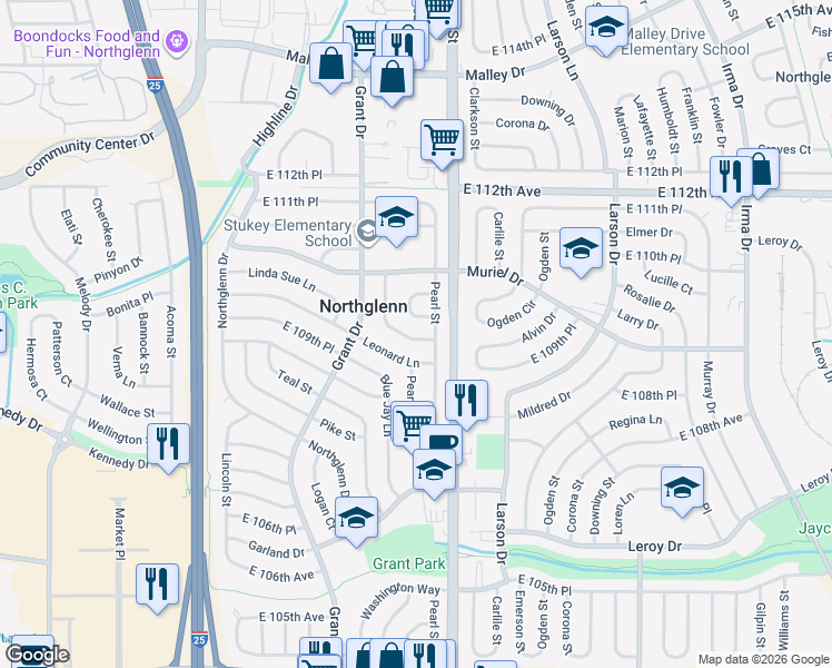 map of restaurants, bars, coffee shops, grocery stores, and more near 10940 Pearl Way in Northglenn