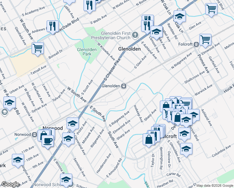 map of restaurants, bars, coffee shops, grocery stores, and more near 100 East Glenolden Avenue in Glenolden
