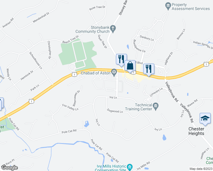 map of restaurants, bars, coffee shops, grocery stores, and more near 20 Dougherty Boulevard in Delaware County