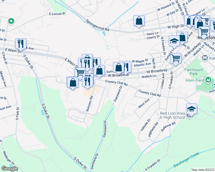 map of restaurants, bars, coffee shops, grocery stores, and more near 109 Country Ridge Drive in Red Lion
