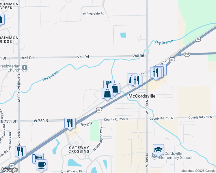 map of restaurants, bars, coffee shops, grocery stores, and more near 7776 Depot Street in McCordsville