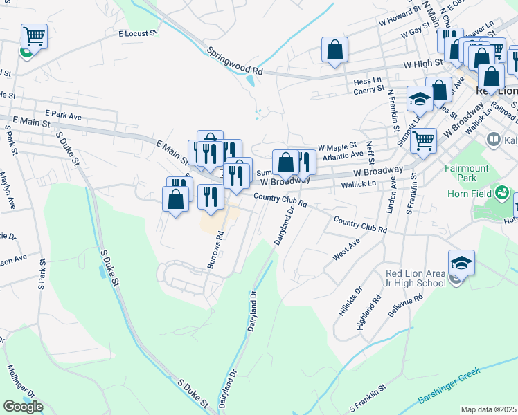 map of restaurants, bars, coffee shops, grocery stores, and more near 109 Country Ridge Drive in Red Lion