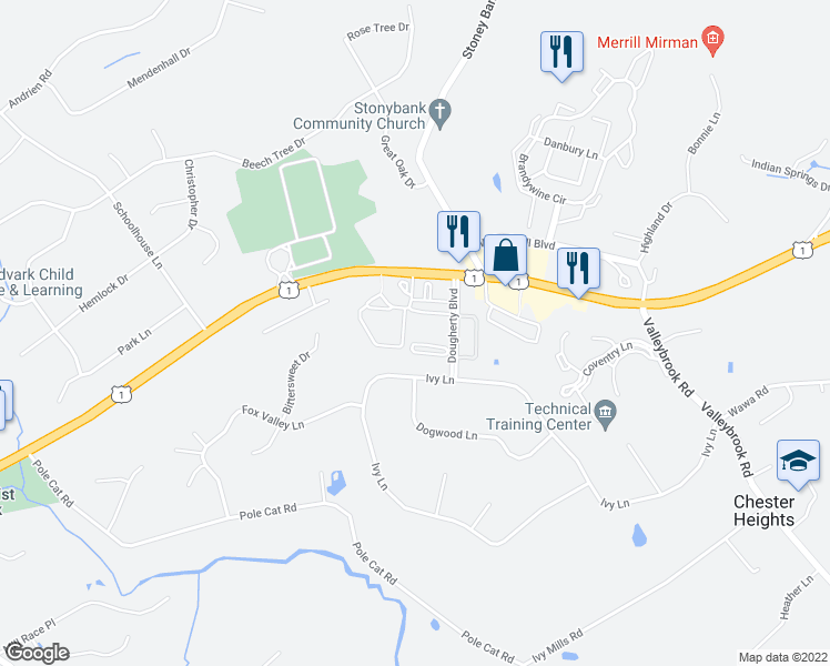 map of restaurants, bars, coffee shops, grocery stores, and more near 20 Dougherty Boulevard in Glen Mills