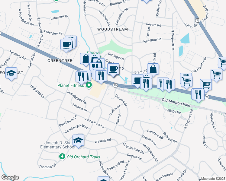map of restaurants, bars, coffee shops, grocery stores, and more near 327 Mimosa Drive in Cherry Hill
