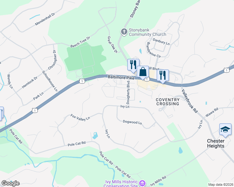 map of restaurants, bars, coffee shops, grocery stores, and more near 20 Dougherty Boulevard in Glen Mills