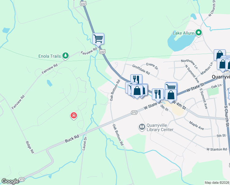 map of restaurants, bars, coffee shops, grocery stores, and more near 136 Oak Bottom Road in Quarryville