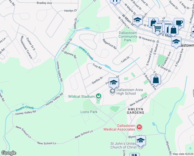 map of restaurants, bars, coffee shops, grocery stores, and more near 443 Dartha Drive in Dallastown