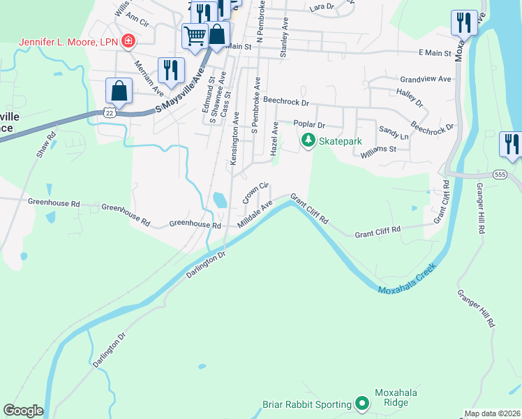 map of restaurants, bars, coffee shops, grocery stores, and more near 21 Butler Drive in South Zanesville