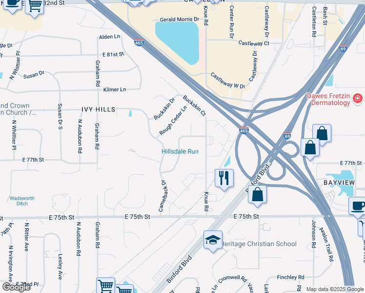 map of restaurants, bars, coffee shops, grocery stores, and more near 7757 Redcoach Dr in Indianapolis
