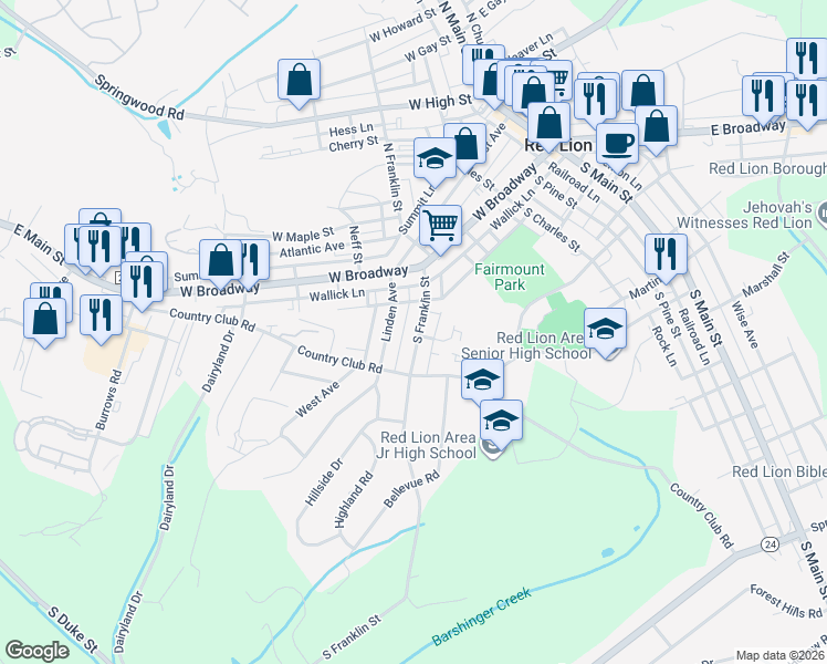 map of restaurants, bars, coffee shops, grocery stores, and more near 127 South Franklin Street in Red Lion