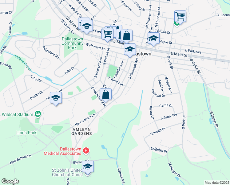 map of restaurants, bars, coffee shops, grocery stores, and more near 335 South Charles Street in Dallastown