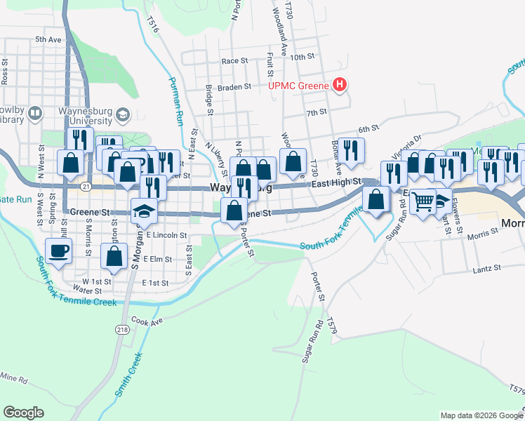 map of restaurants, bars, coffee shops, grocery stores, and more near 68 East Greene Street in Waynesburg