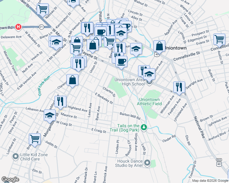 map of restaurants, bars, coffee shops, grocery stores, and more near 55 Charles St in Uniontown