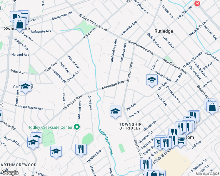 map of restaurants, bars, coffee shops, grocery stores, and more near 208 Michigan Avenue in Swarthmore