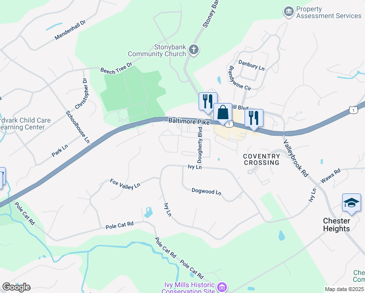 map of restaurants, bars, coffee shops, grocery stores, and more near 20 Dougherty Boulevard in Glen Mills