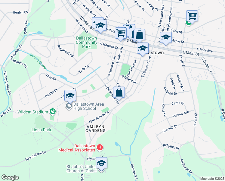 map of restaurants, bars, coffee shops, grocery stores, and more near 51 East Boundary Avenue in Dallastown