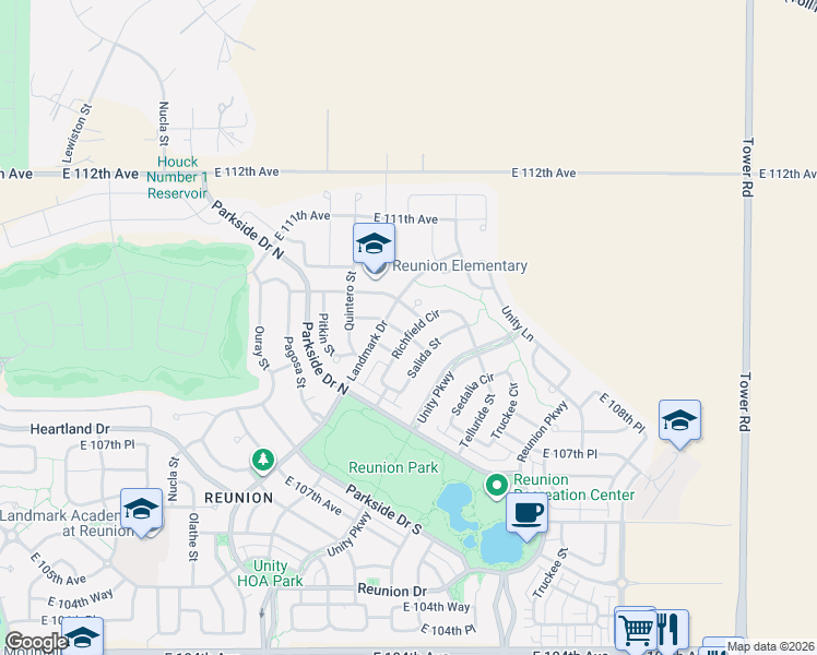 map of restaurants, bars, coffee shops, grocery stores, and more near 17258 East 109th Avenue in Commerce City