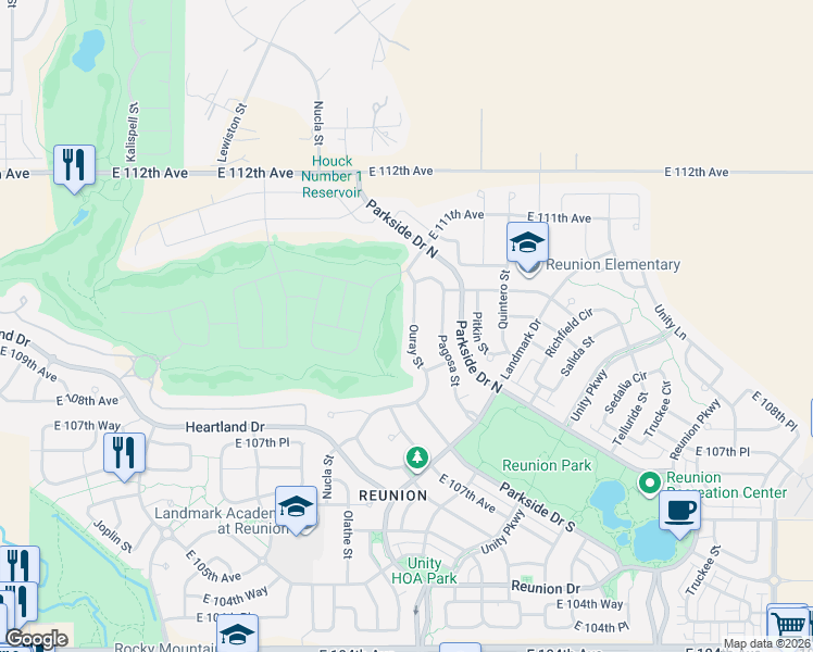 map of restaurants, bars, coffee shops, grocery stores, and more near 10947 Ouray Street in Commerce City