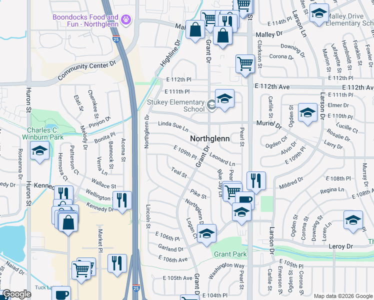 map of restaurants, bars, coffee shops, grocery stores, and more near 281 East 109th Place in Northglenn