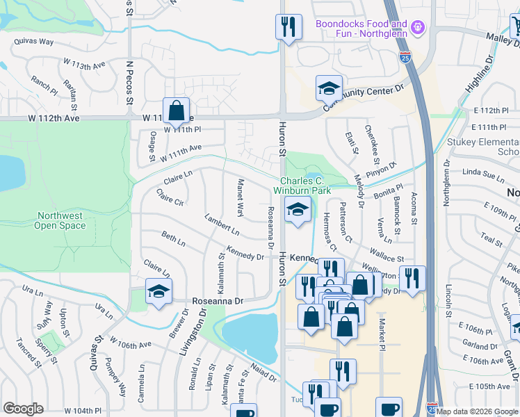 map of restaurants, bars, coffee shops, grocery stores, and more near 10969 Roseanna Drive in Northglenn