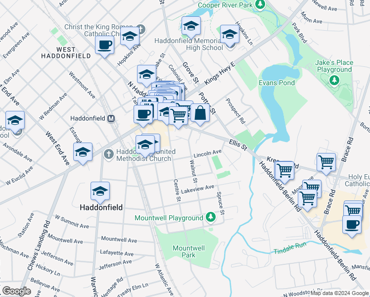 map of restaurants, bars, coffee shops, grocery stores, and more near 36 Walnut Street in Haddonfield