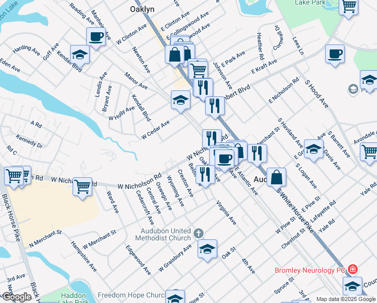 map of restaurants, bars, coffee shops, grocery stores, and more near 207 West Nicholson Road in Audubon