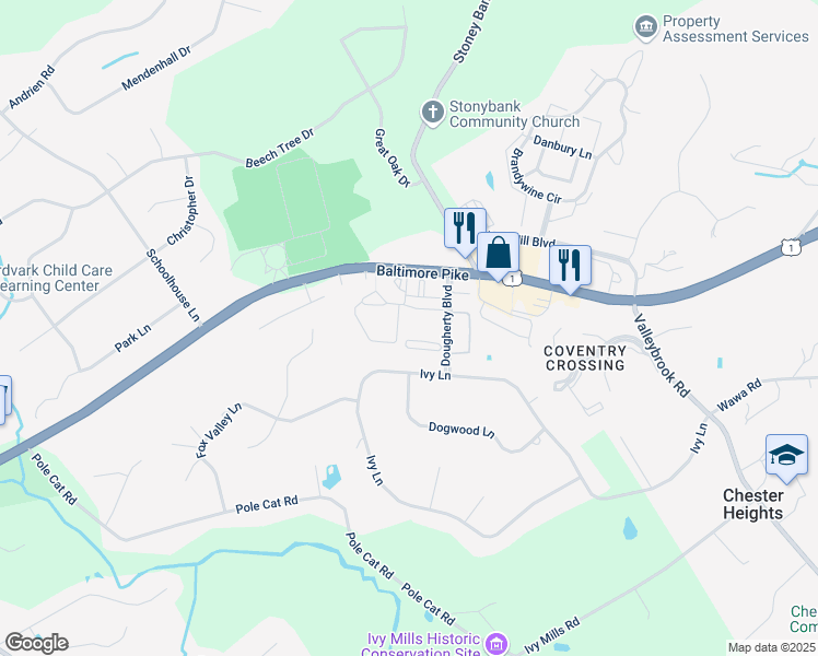 map of restaurants, bars, coffee shops, grocery stores, and more near 20 Dougherty Boulevard in Glen Mills