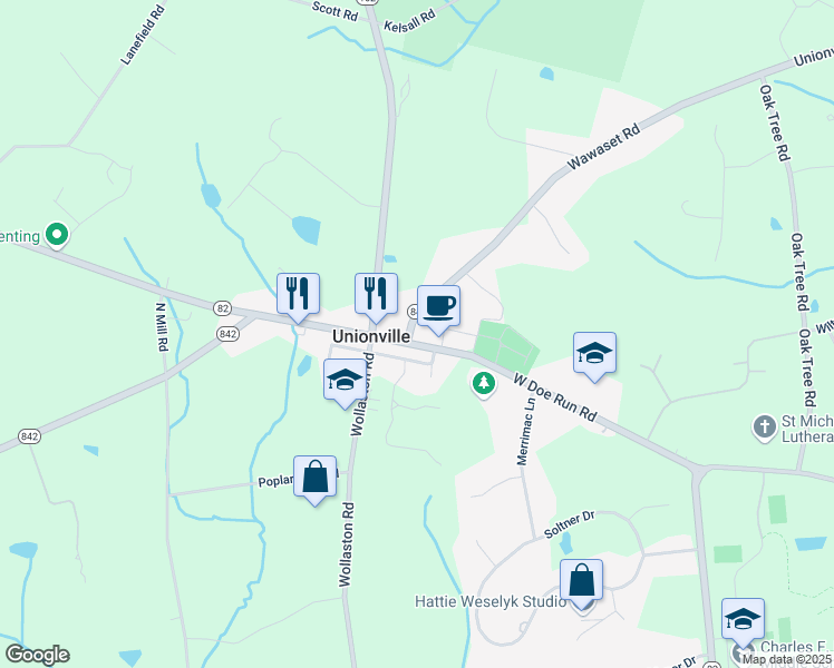 map of restaurants, bars, coffee shops, grocery stores, and more near 1711 West Doe Run Road in Kennett Square