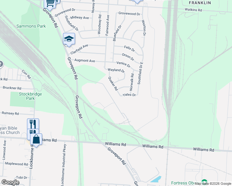 map of restaurants, bars, coffee shops, grocery stores, and more near 3412 Quaker Road in Columbus