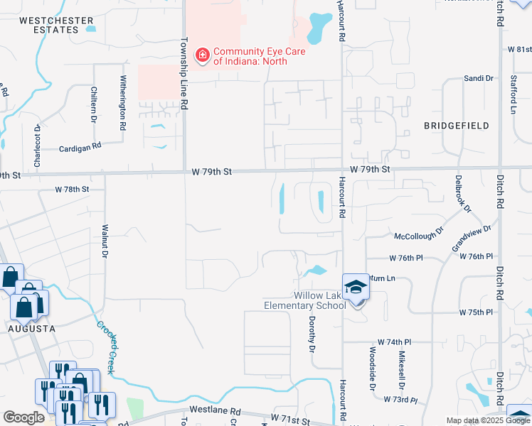 map of restaurants, bars, coffee shops, grocery stores, and more near 7805 Marquis Lane in Indianapolis