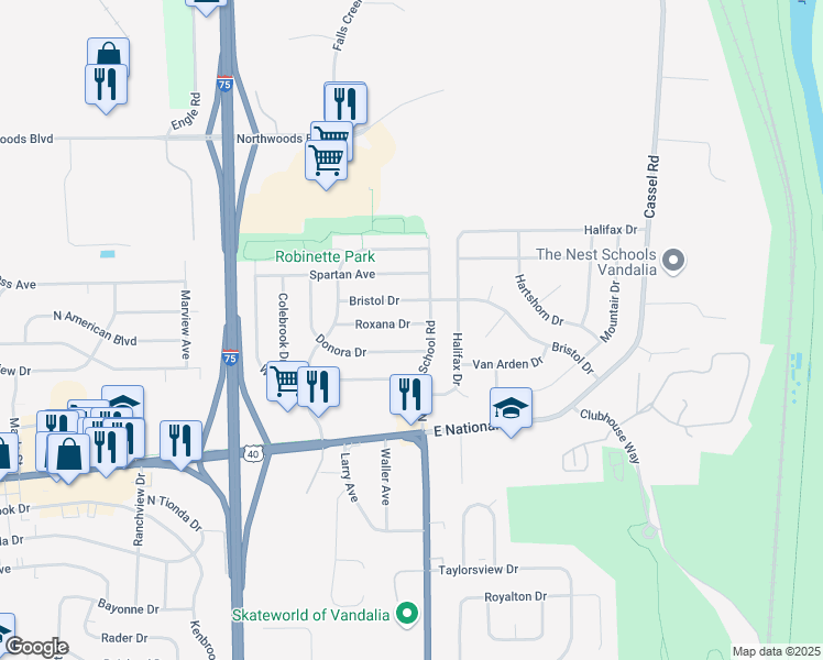 map of restaurants, bars, coffee shops, grocery stores, and more near 880 Roxana Drive in Vandalia