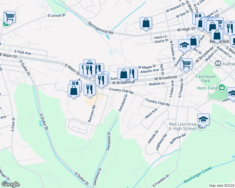 map of restaurants, bars, coffee shops, grocery stores, and more near 130 Dairyland Drive in Dallastown