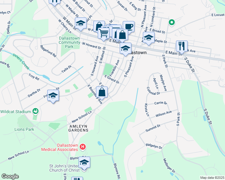 map of restaurants, bars, coffee shops, grocery stores, and more near 335 South Charles Street in Dallastown