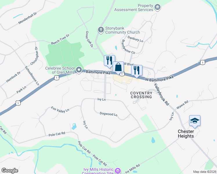 map of restaurants, bars, coffee shops, grocery stores, and more near 12 Dougherty Boulevard in Glen Mills