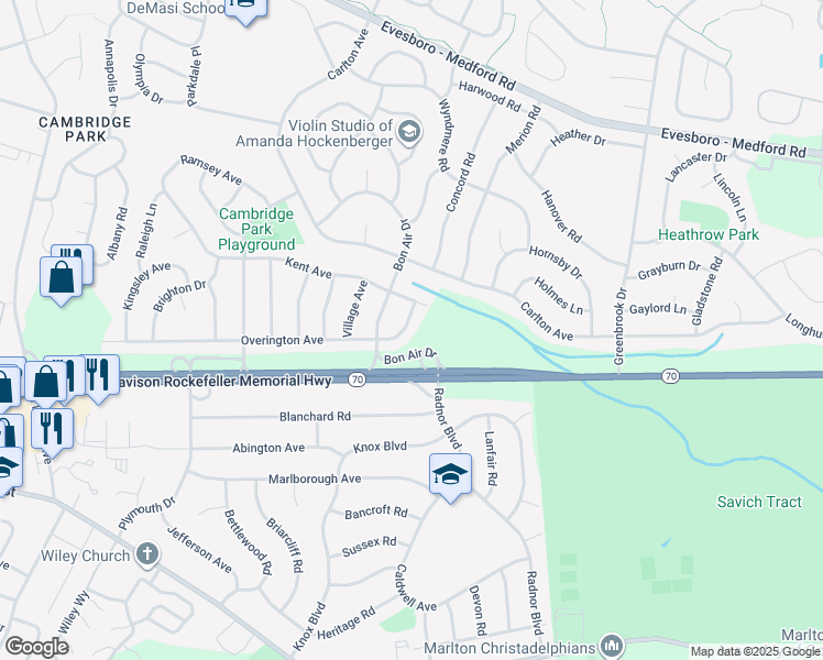 map of restaurants, bars, coffee shops, grocery stores, and more near 9 Overington Avenue in Evesham