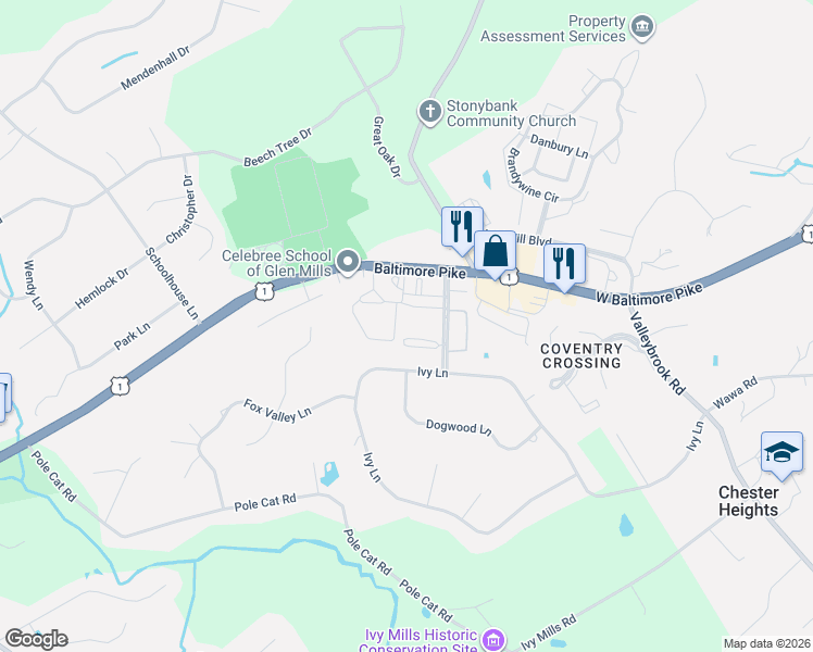 map of restaurants, bars, coffee shops, grocery stores, and more near 20 Dougherty Boulevard in Delaware County