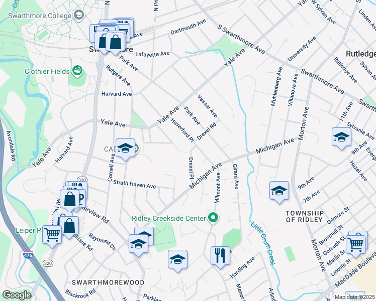 map of restaurants, bars, coffee shops, grocery stores, and more near 406 Drexel Place in Swarthmore