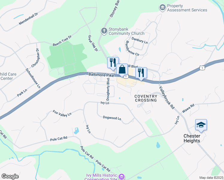 map of restaurants, bars, coffee shops, grocery stores, and more near 21 Dougherty Boulevard in Glen Mills